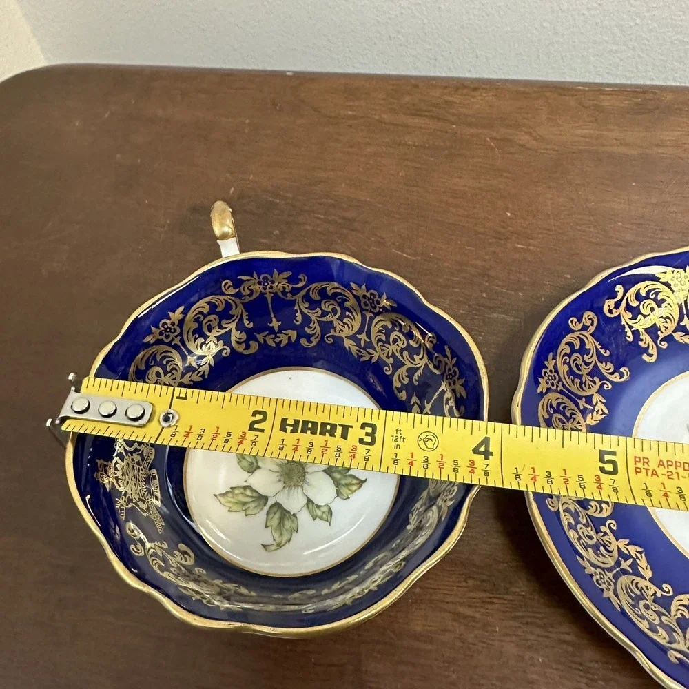 Paragon Teacup and Saucer Set Gold Blue Flower Dogwood 1958 Centennial